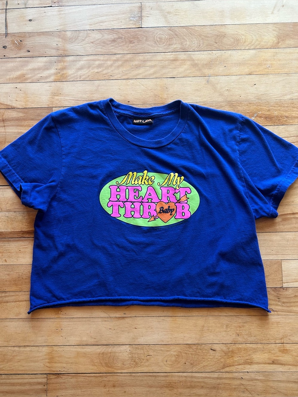 Hot Lava Royal Blue Graphic Cropped Tee “Make My Heart Throb, Baby”